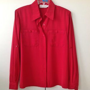 Women's Red Long Sleeve Button-Down Blouse Top